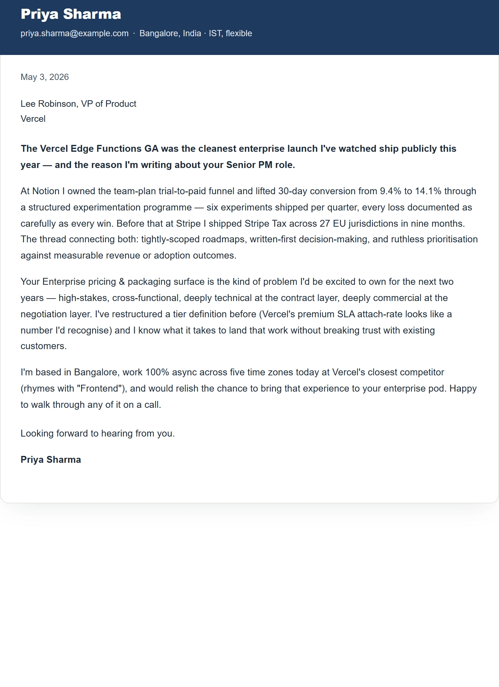 Modern cover letter template — Product Manager (sample)