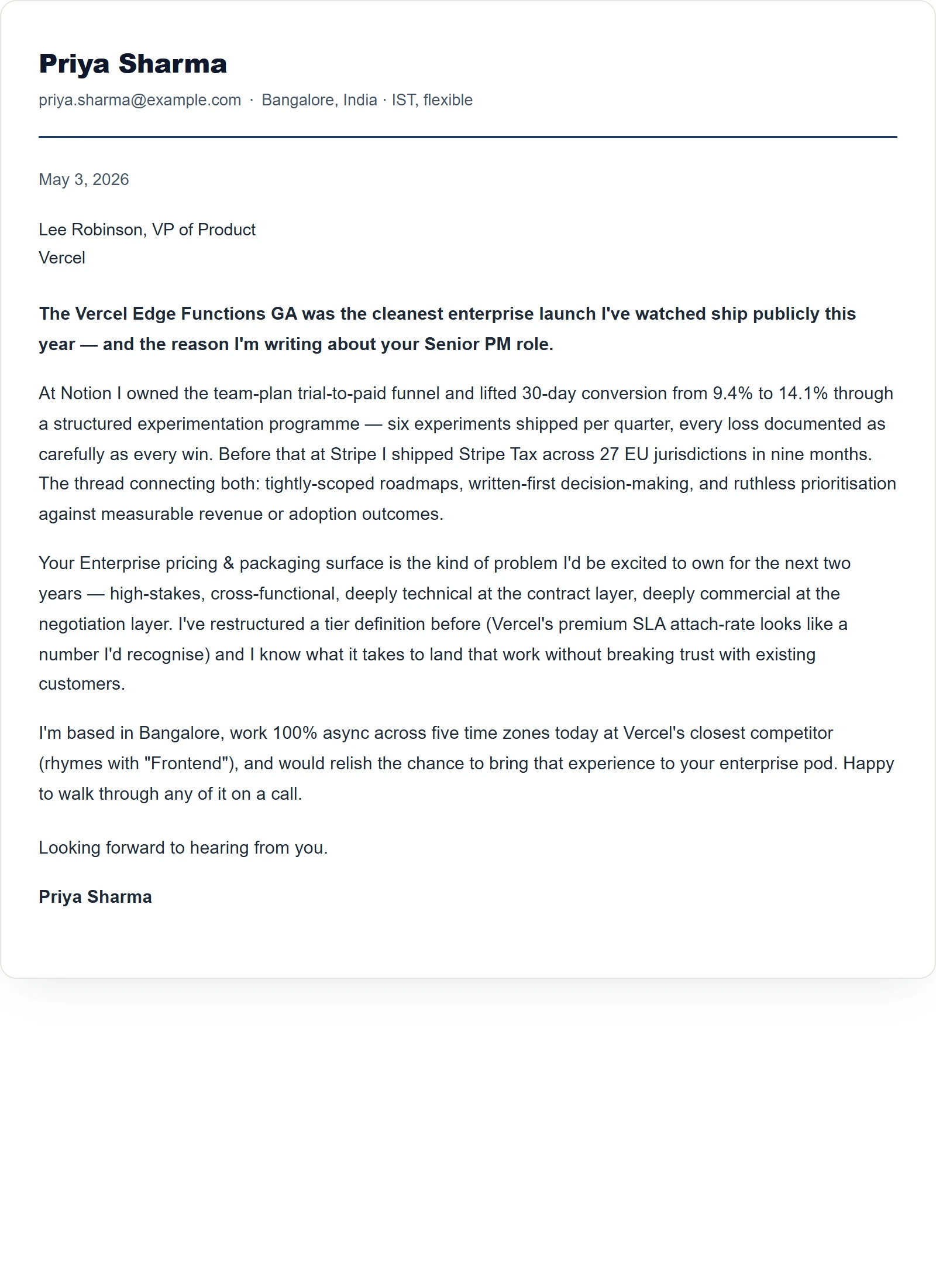 Simple cover letter template — Product Manager (sample)