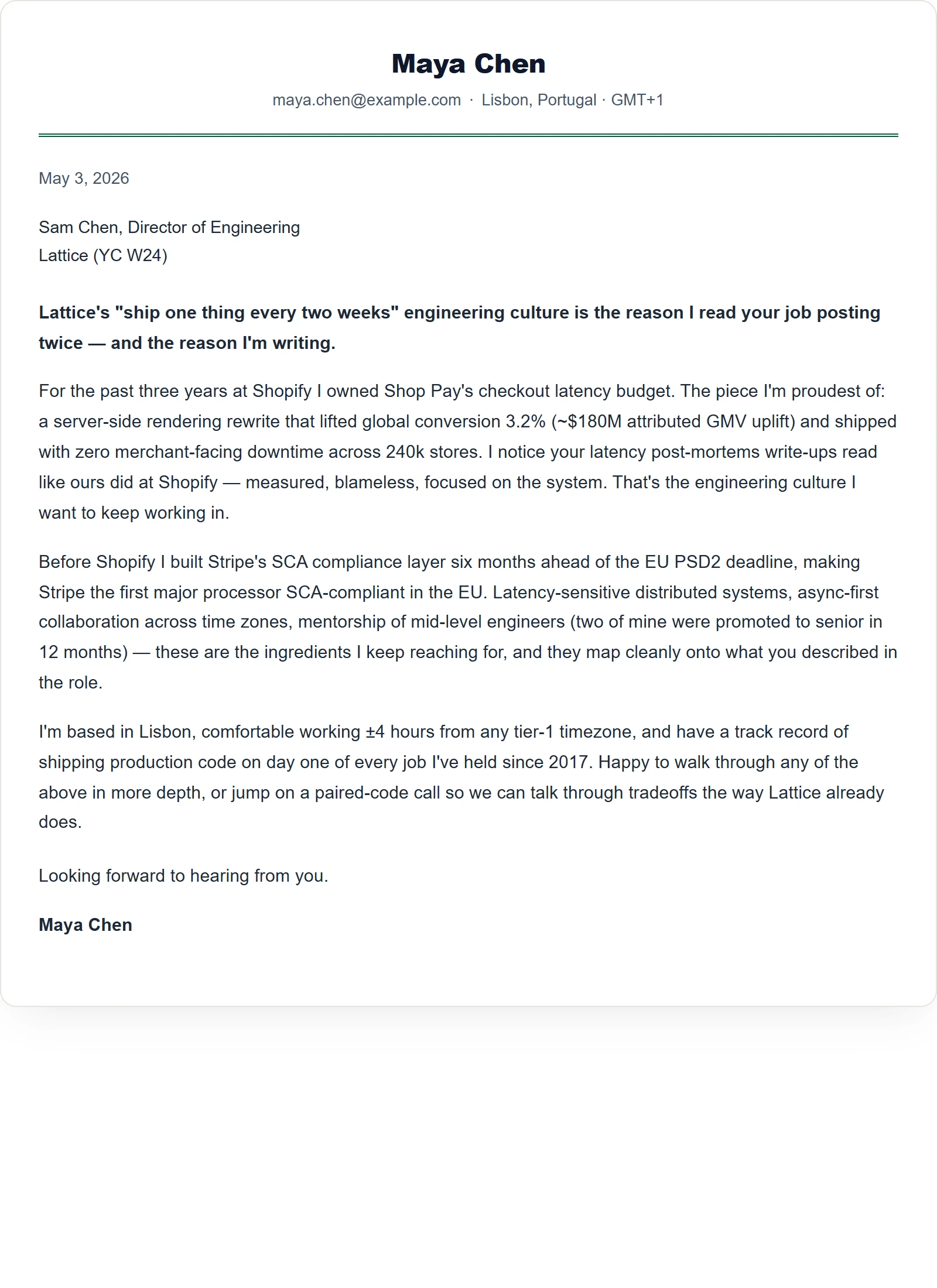 Classic cover letter template — Software Engineer (sample)