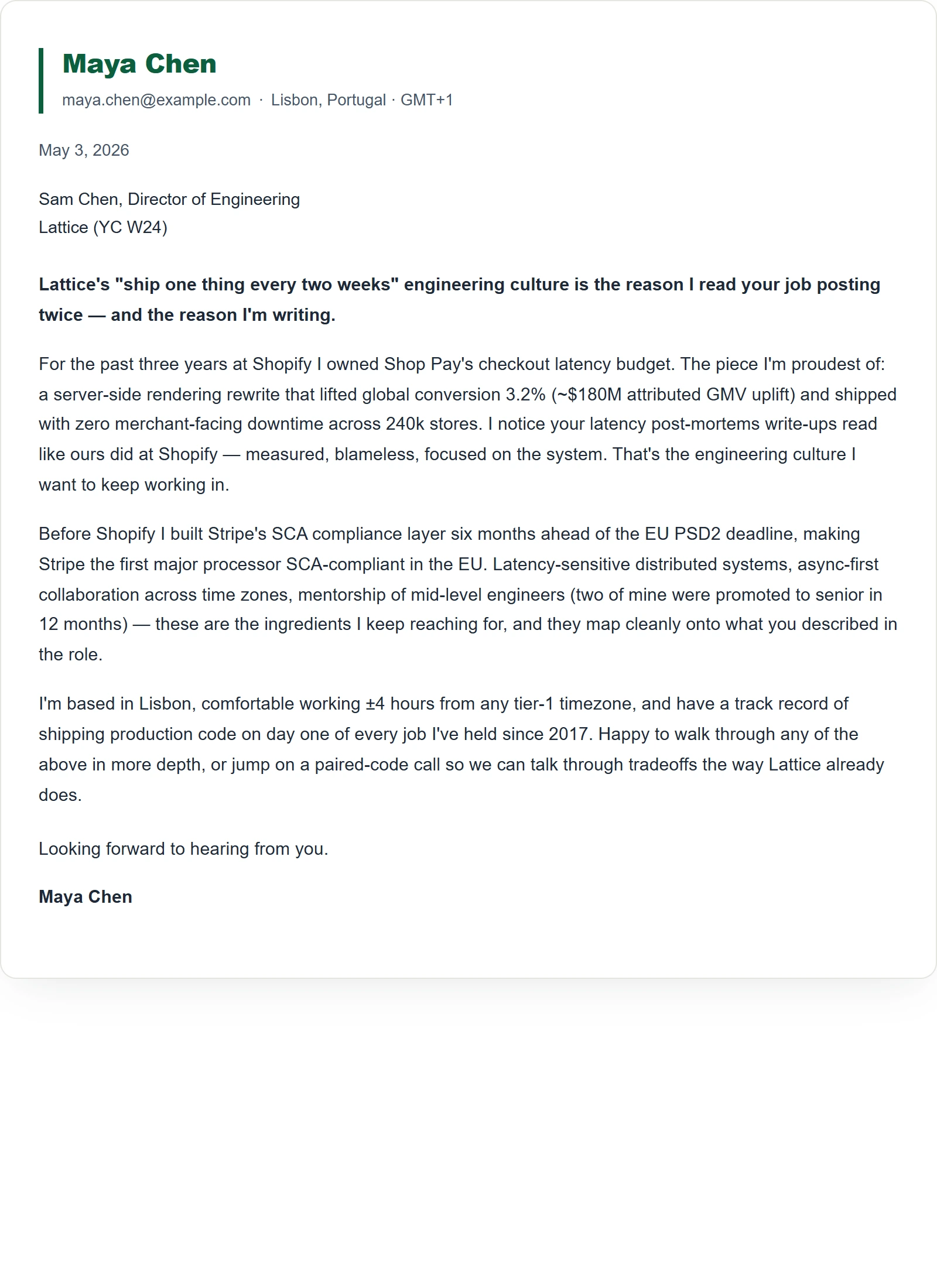 Creative cover letter template — Software Engineer (sample)