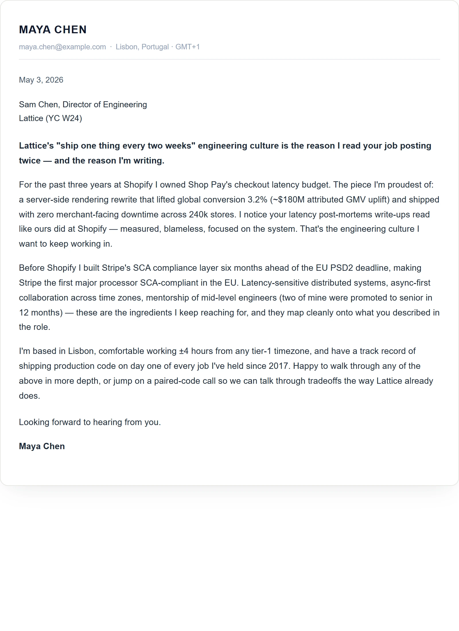 Minimal cover letter template — Software Engineer (sample)
