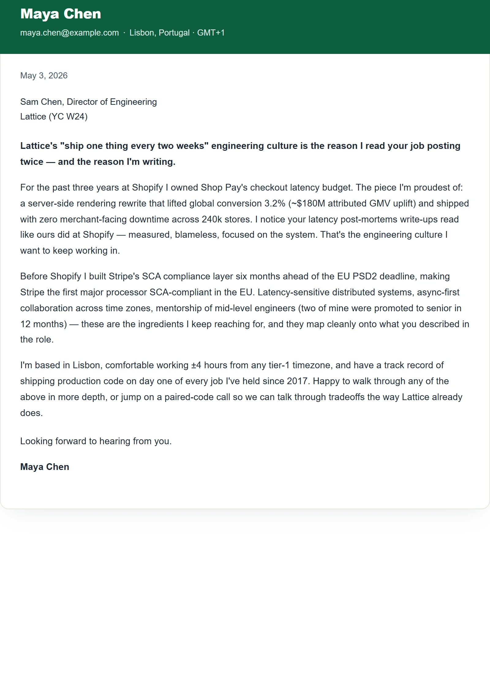Modern cover letter template — Software Engineer (sample)