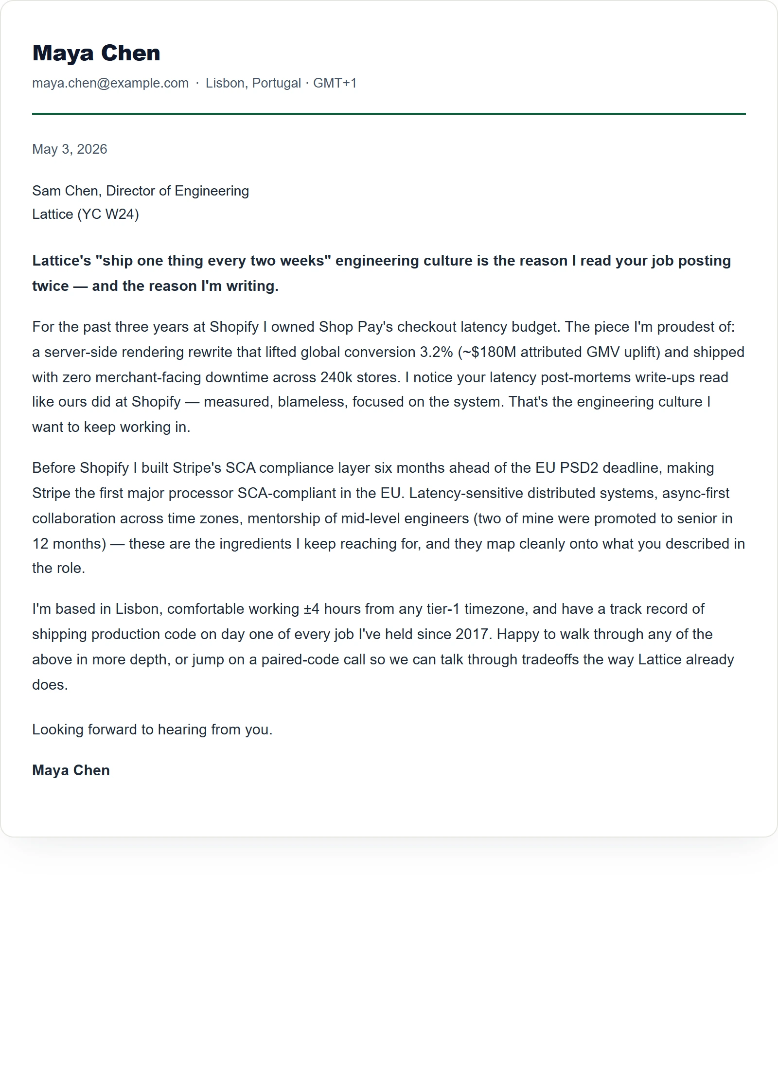 Simple cover letter template — Software Engineer (sample)
