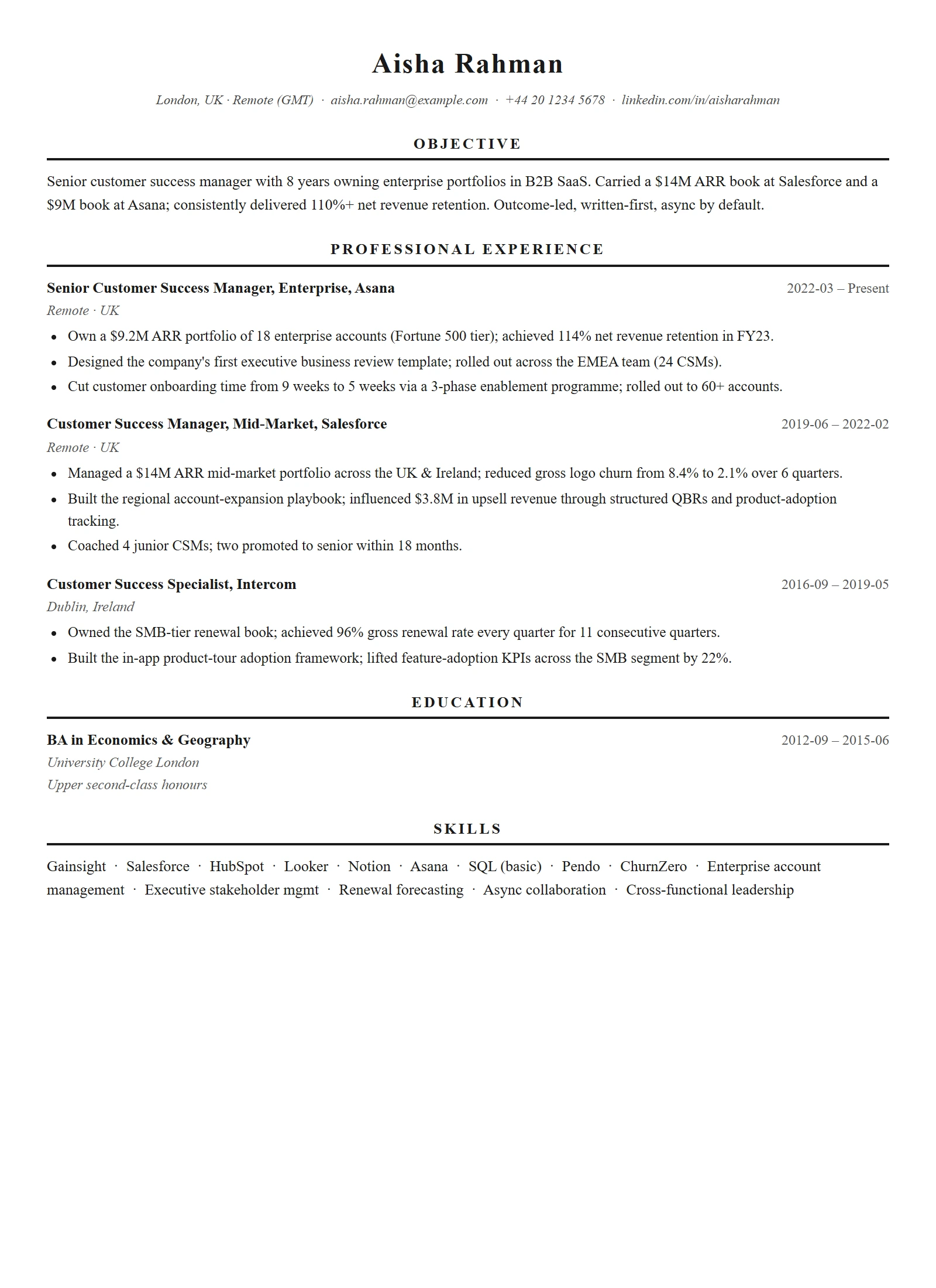 Classic resume template — Customer Success Manager (sample)