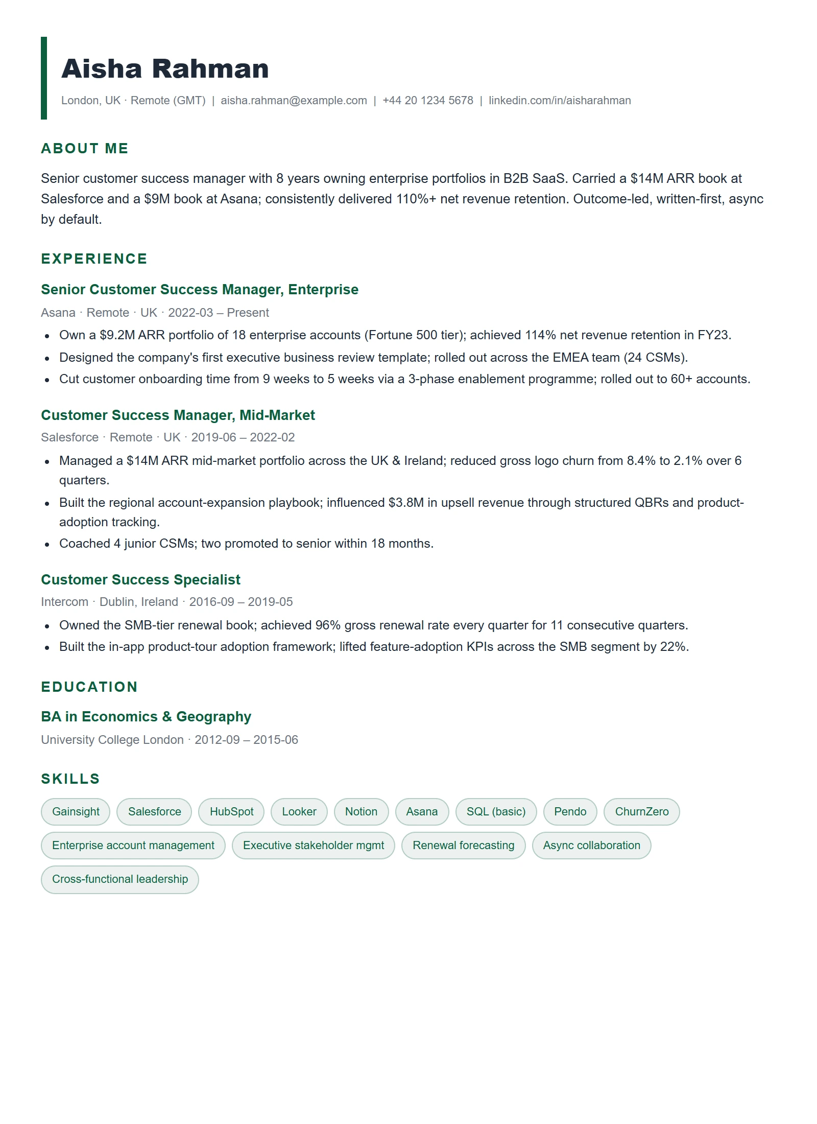 Creative resume template — Customer Success Manager (sample)