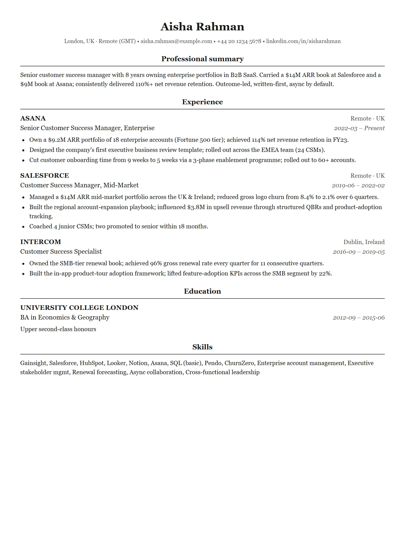 Harvard resume template — Customer Success Manager (sample)