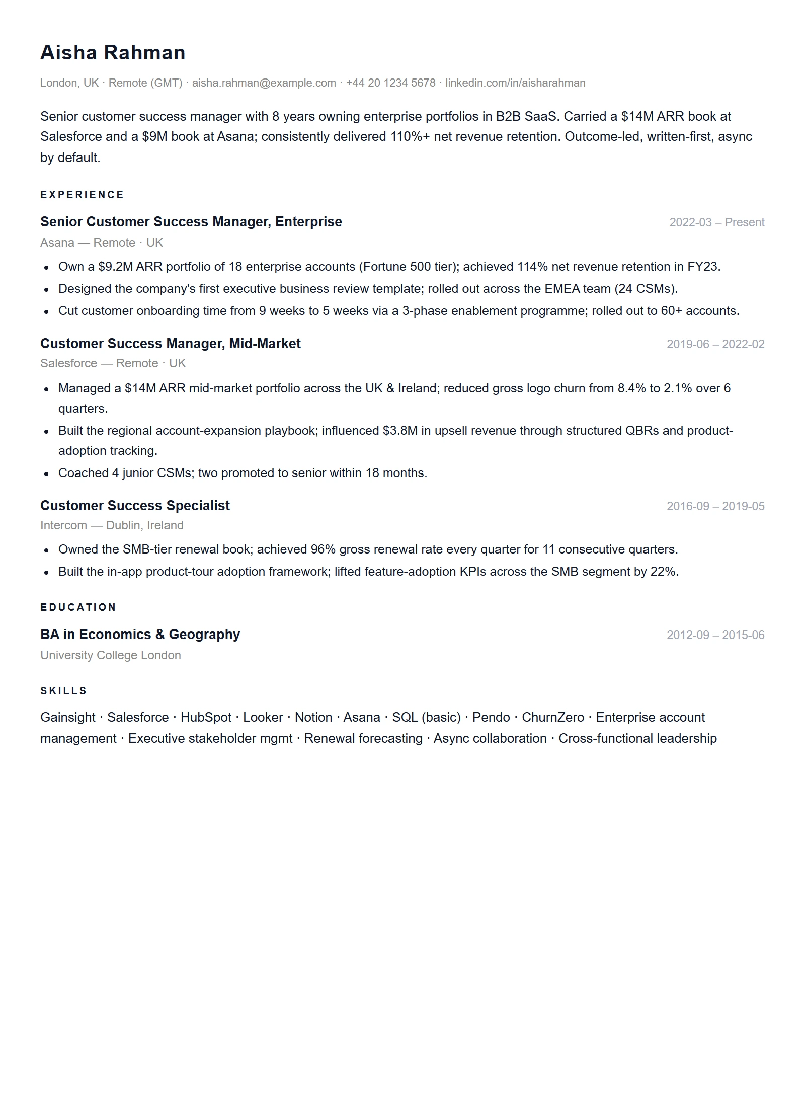 Minimal resume template — Customer Success Manager (sample)