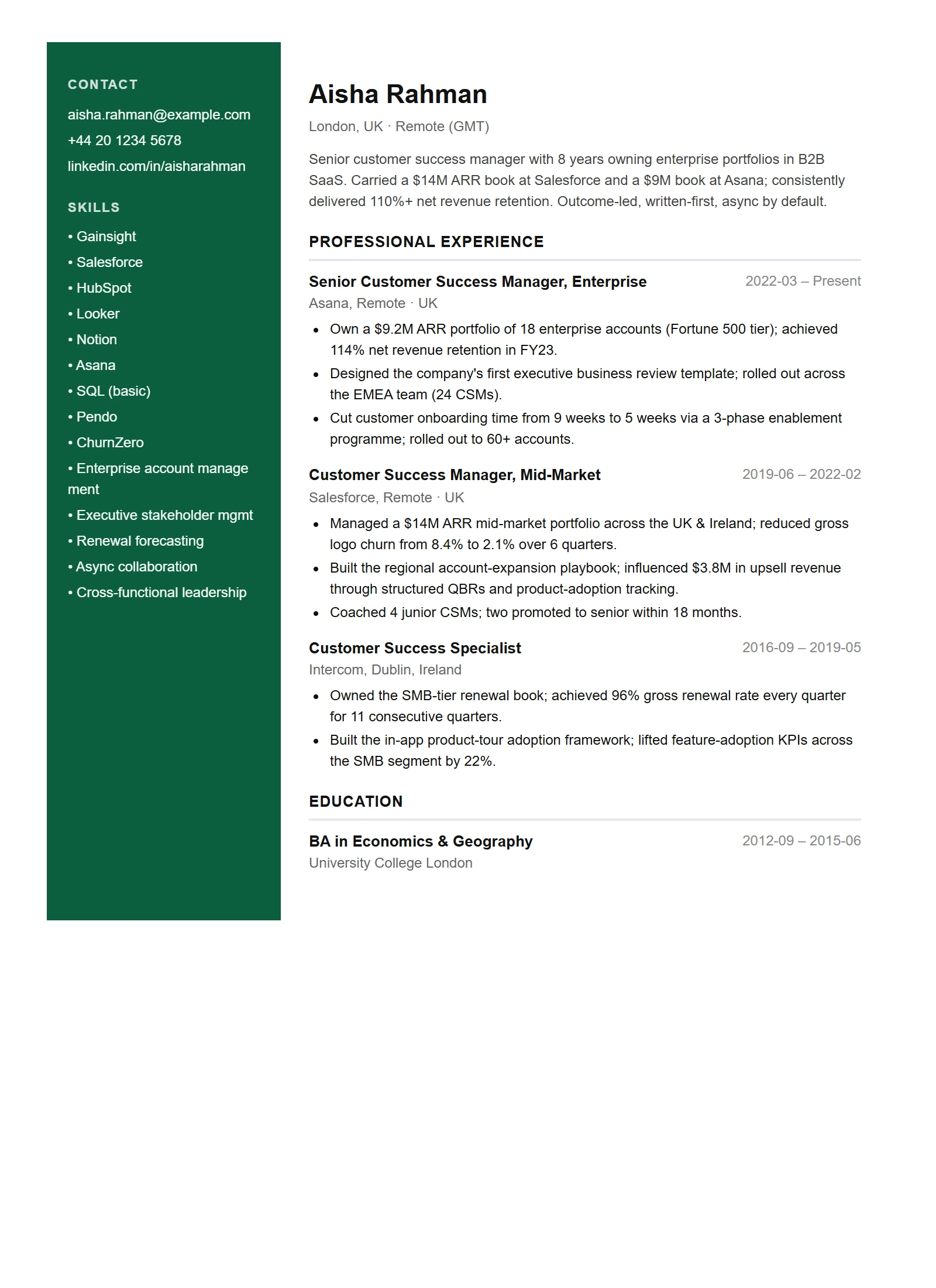 Modern resume template — Customer Success Manager (sample)