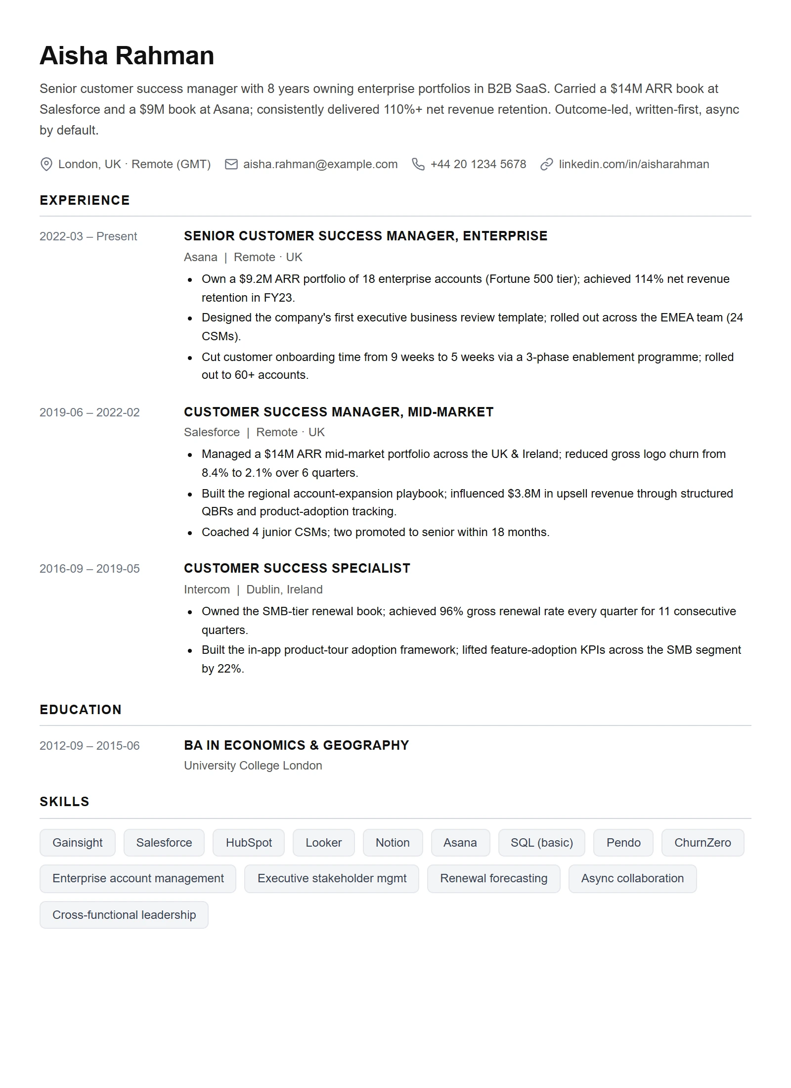 Simple resume template — Customer Success Manager (sample)