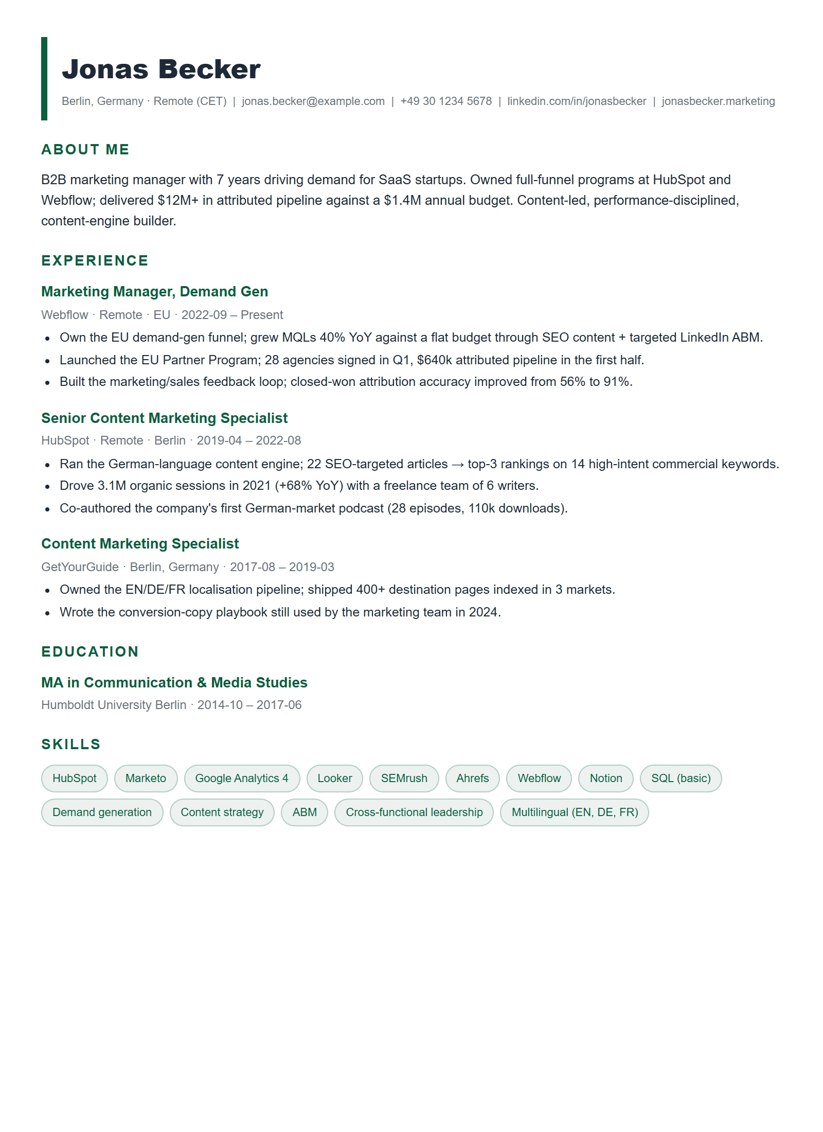 Creative resume template — Marketing Manager (sample)