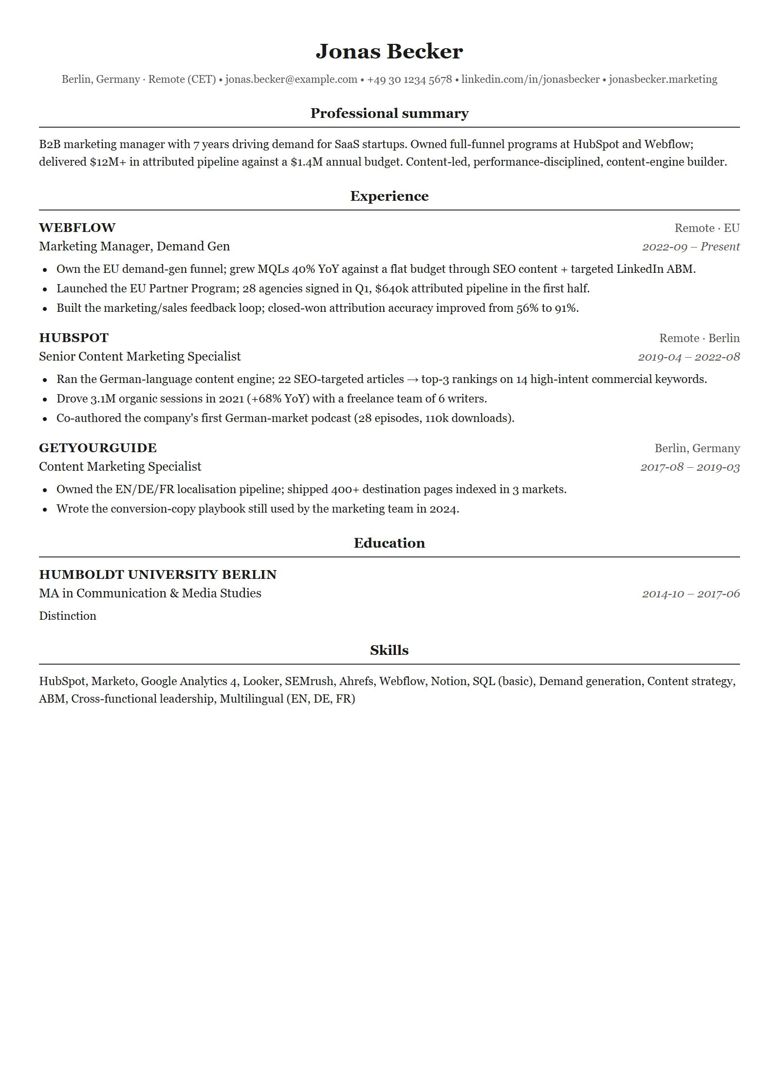 Harvard resume template — Marketing Manager (sample)