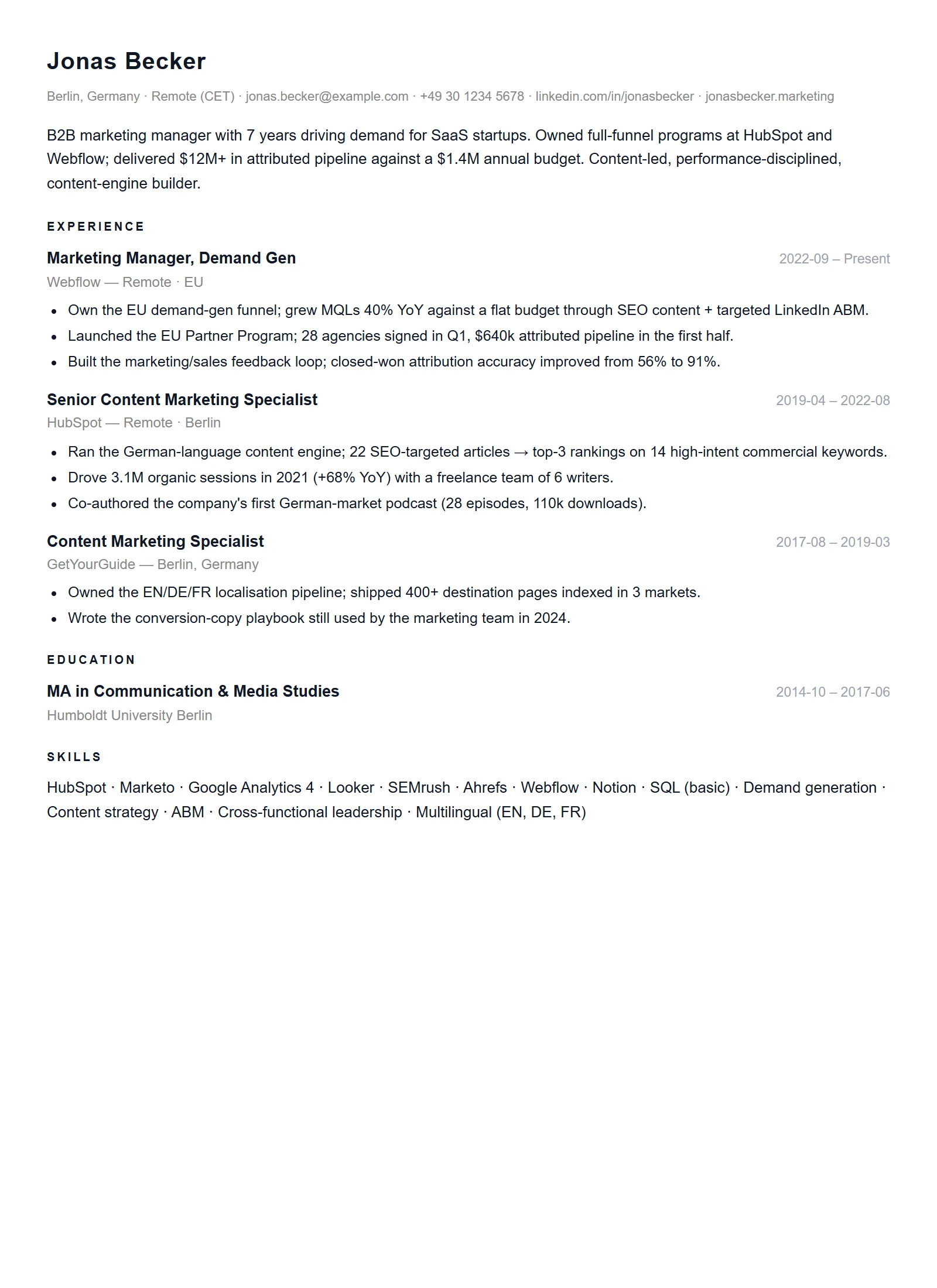 Minimal resume template — Marketing Manager (sample)