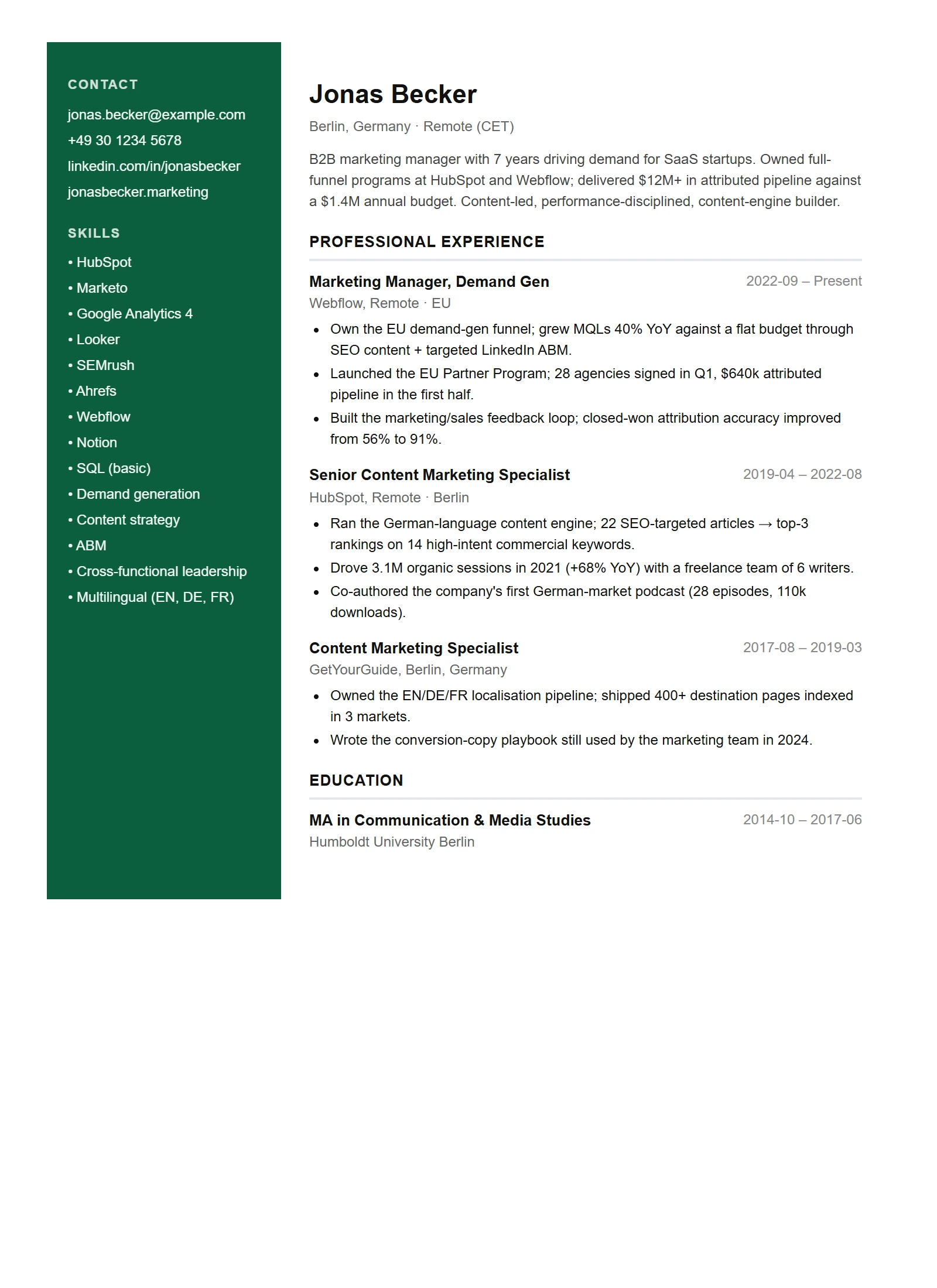 Modern resume template — Marketing Manager (sample)