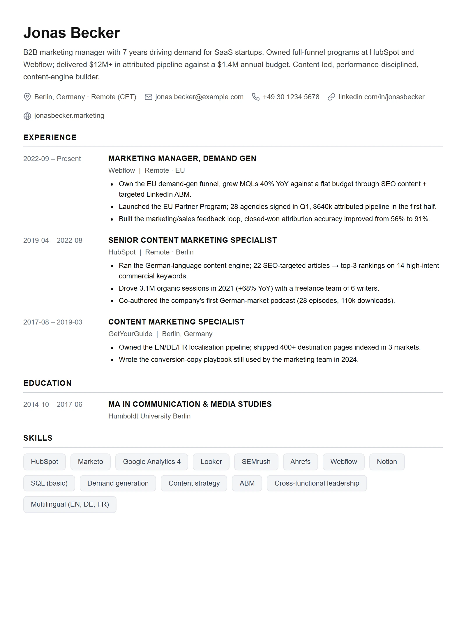 Simple resume template — Marketing Manager (sample)