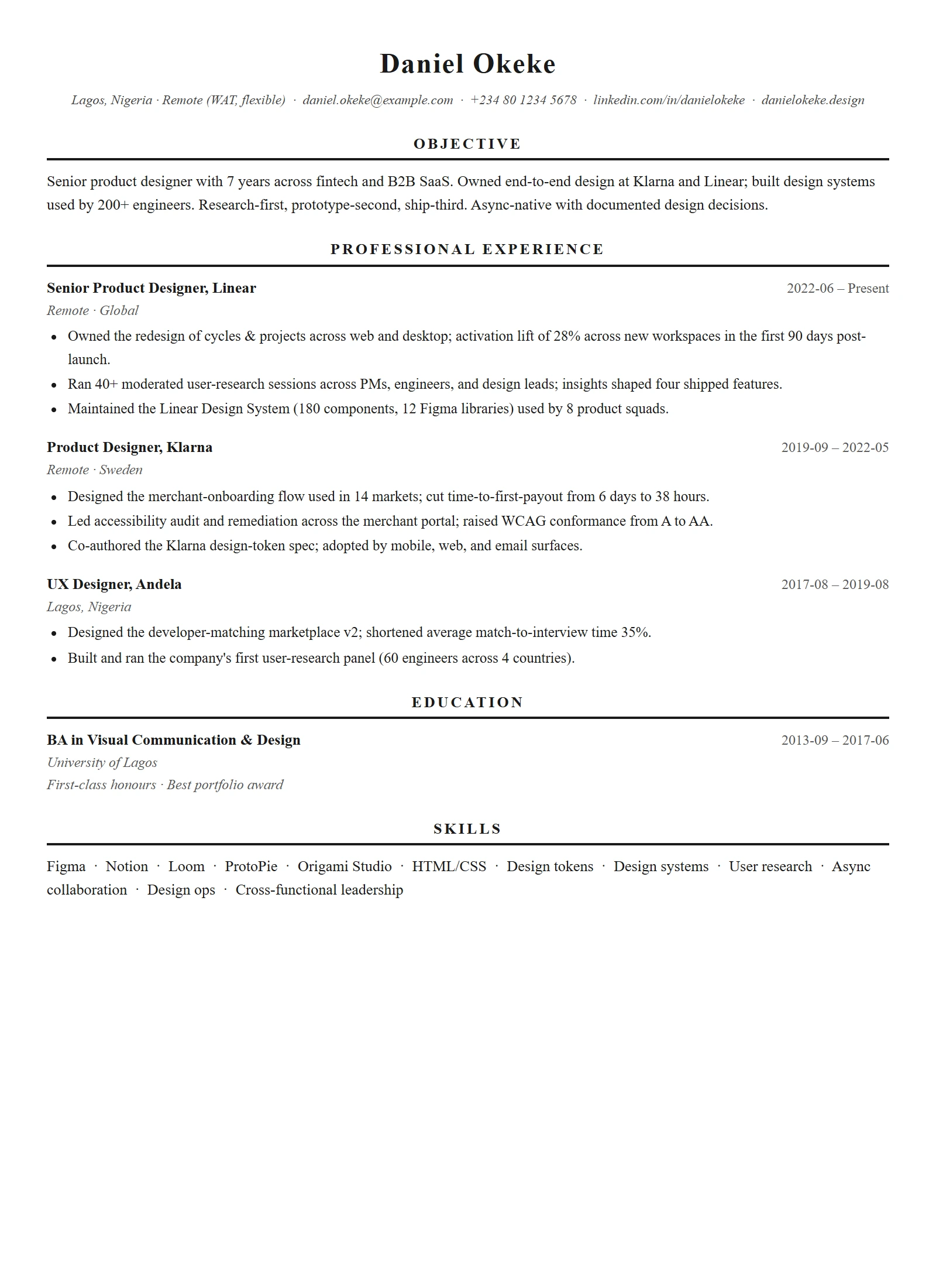 Classic resume template — Product Designer (sample)