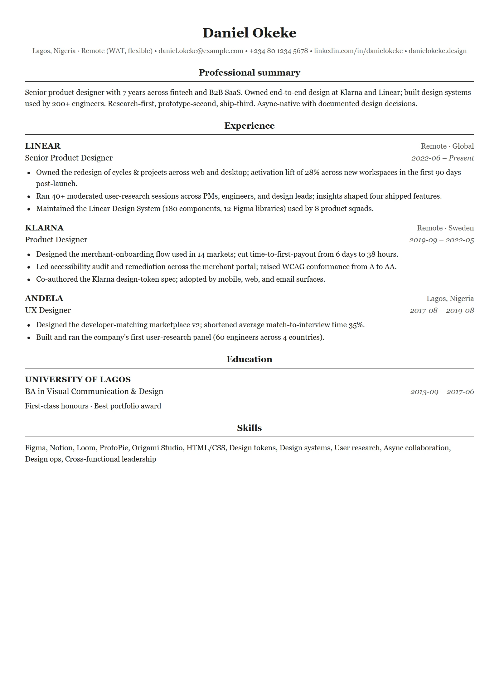 Harvard resume template — Product Designer (sample)