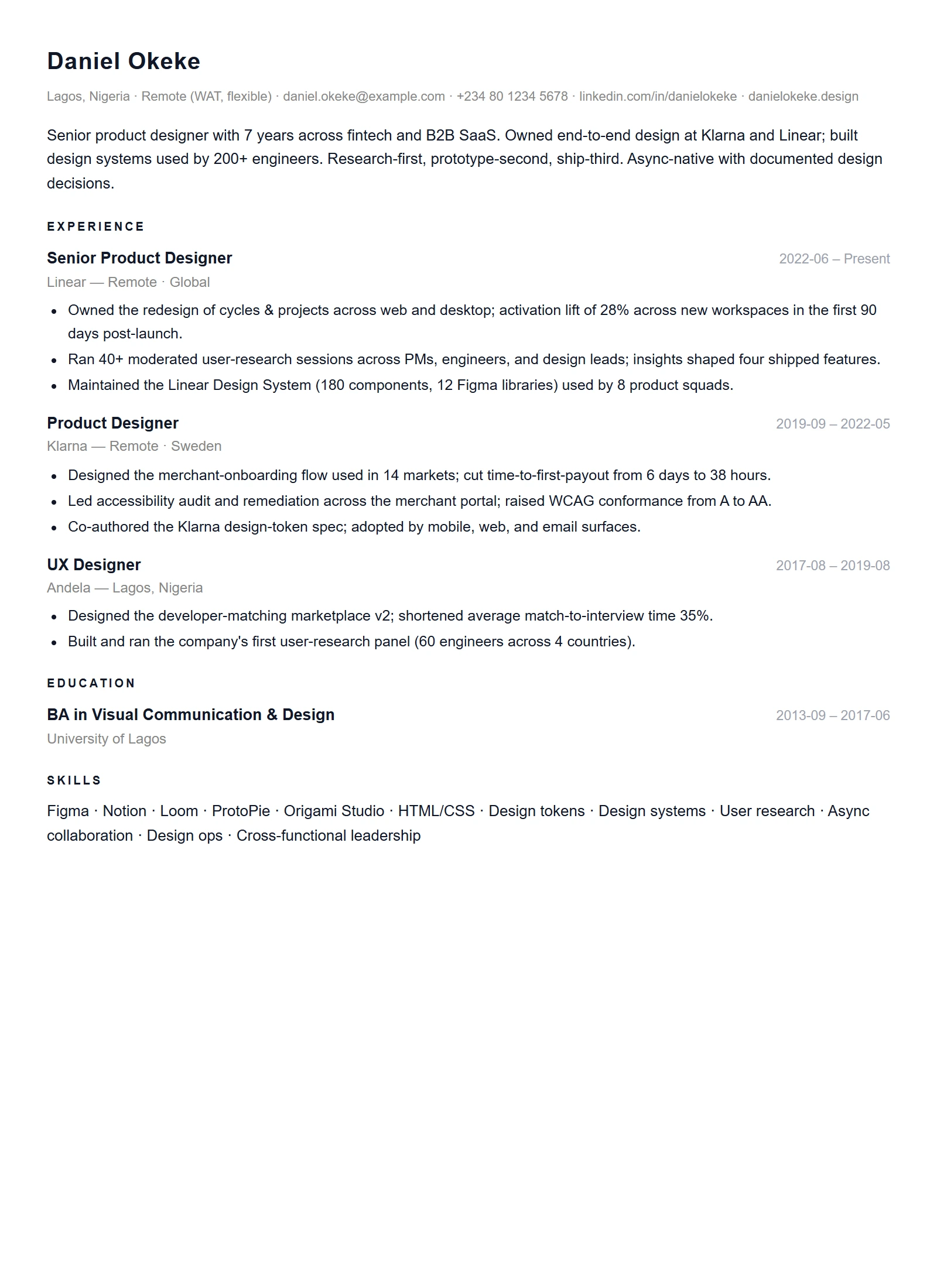 Minimal resume template — Product Designer (sample)