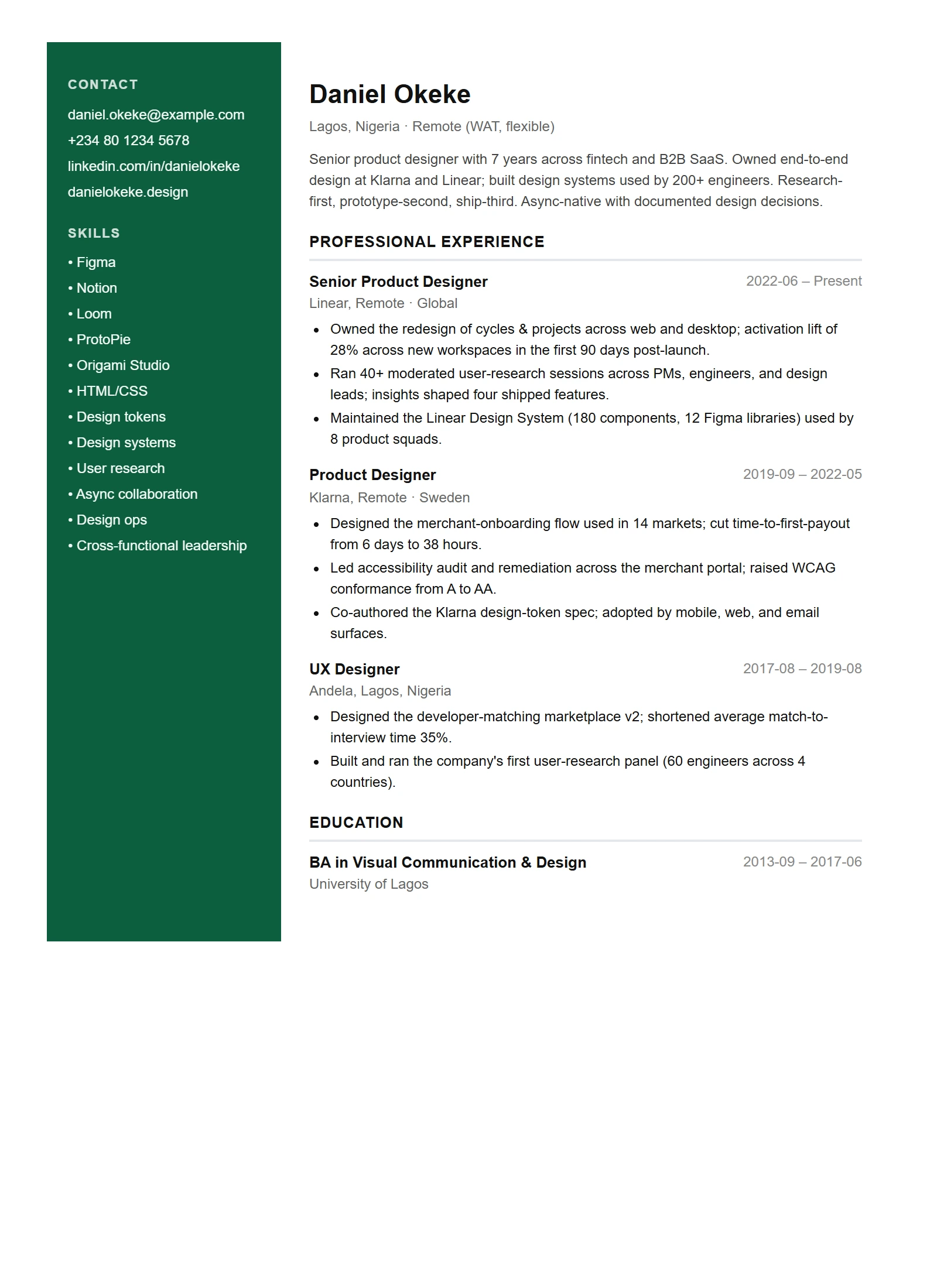 Modern resume template — Product Designer (sample)