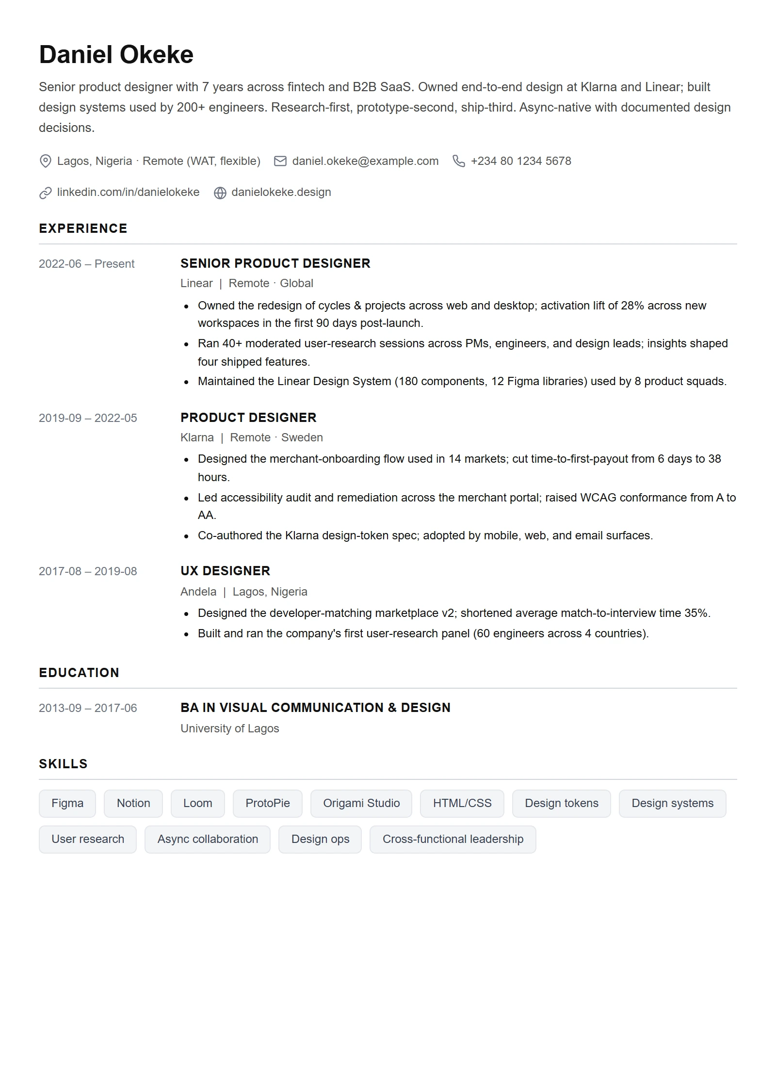 Simple resume template — Product Designer (sample)