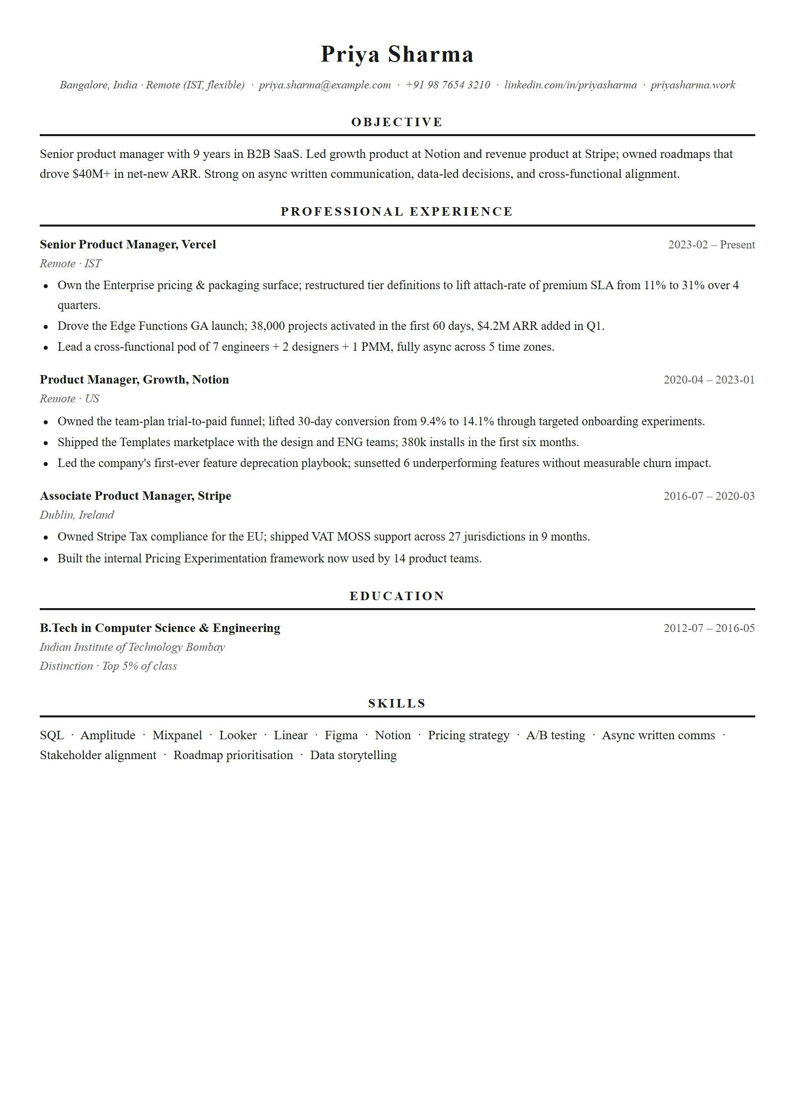 Classic resume template — Product Manager (sample)