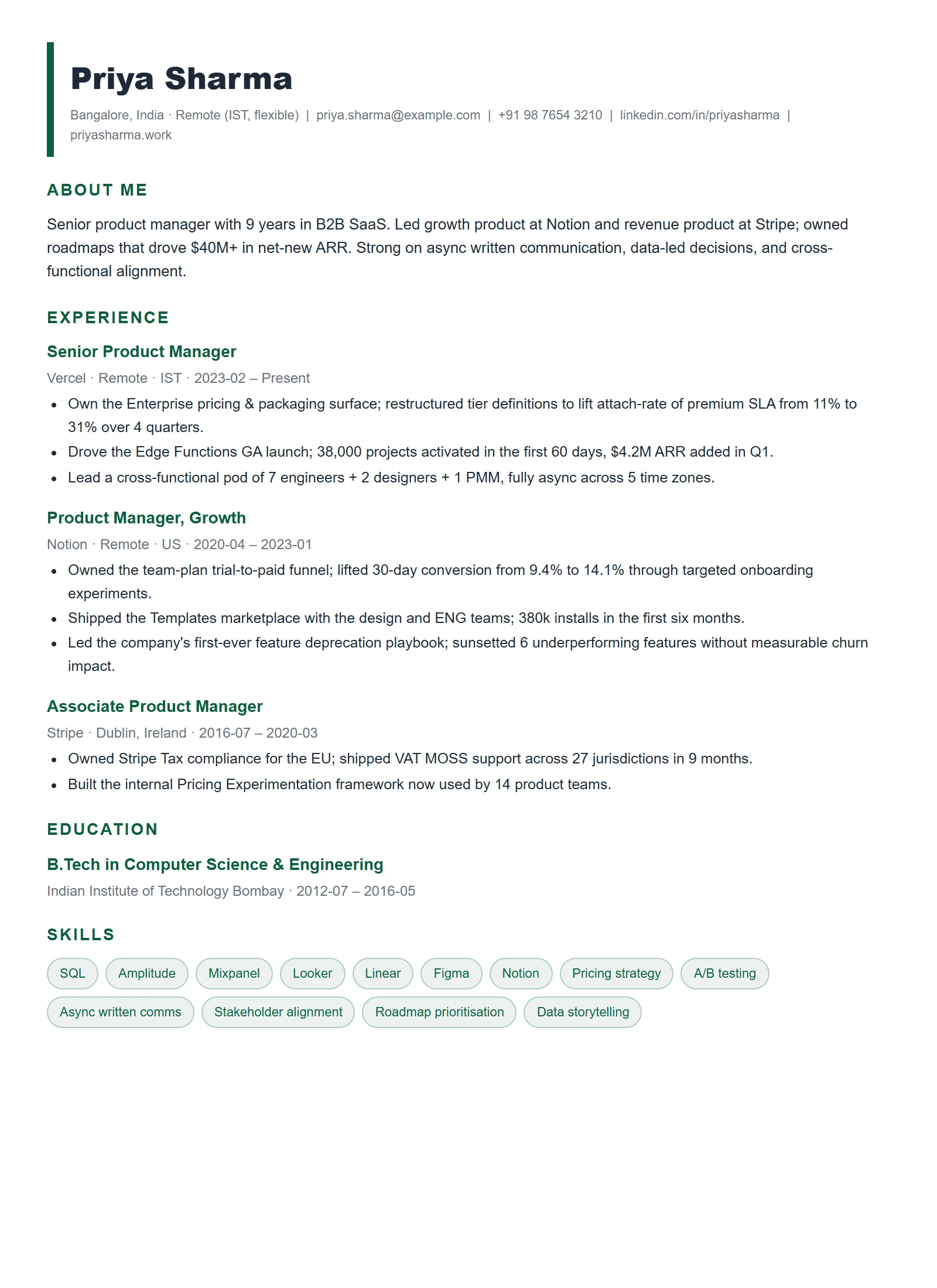 Creative resume template — Product Manager (sample)