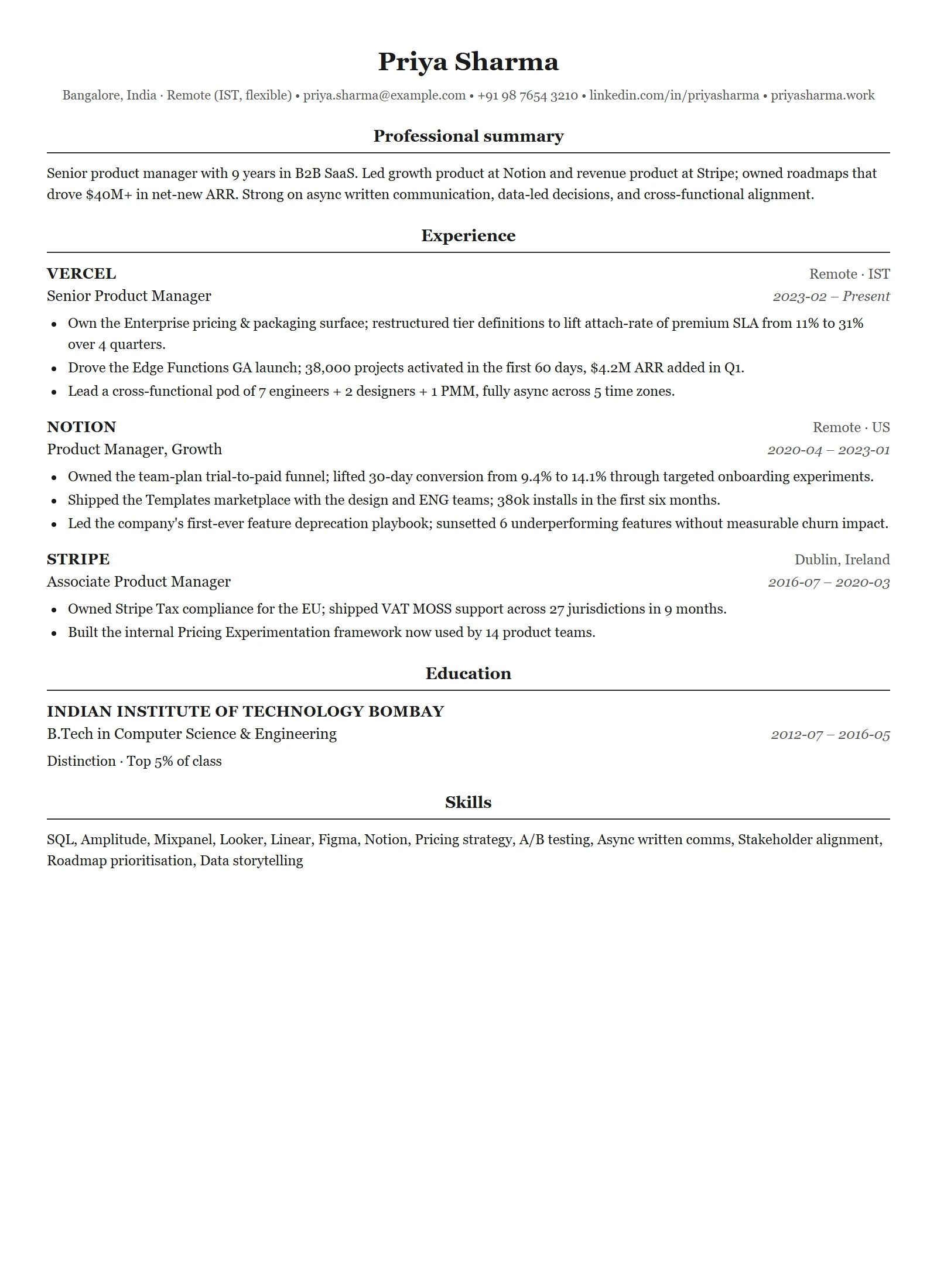 Harvard resume template — Product Manager (sample)