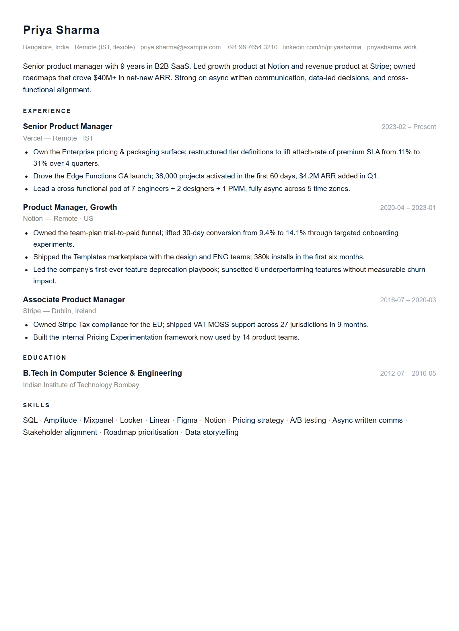 Minimal resume template — Product Manager (sample)
