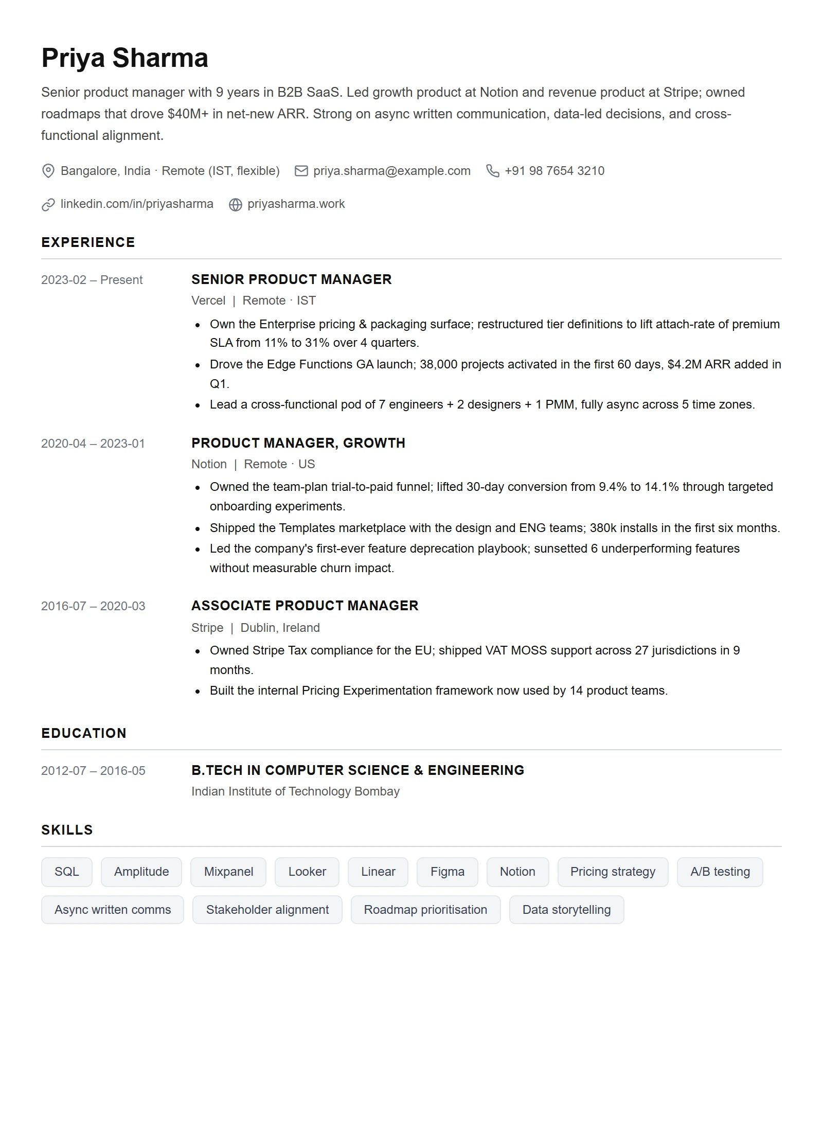 Simple resume template — Product Manager (sample)