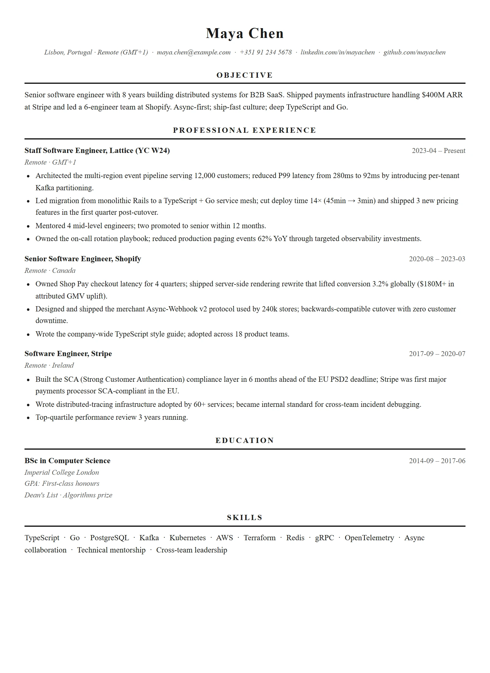 Classic resume template — Software Engineer (sample)