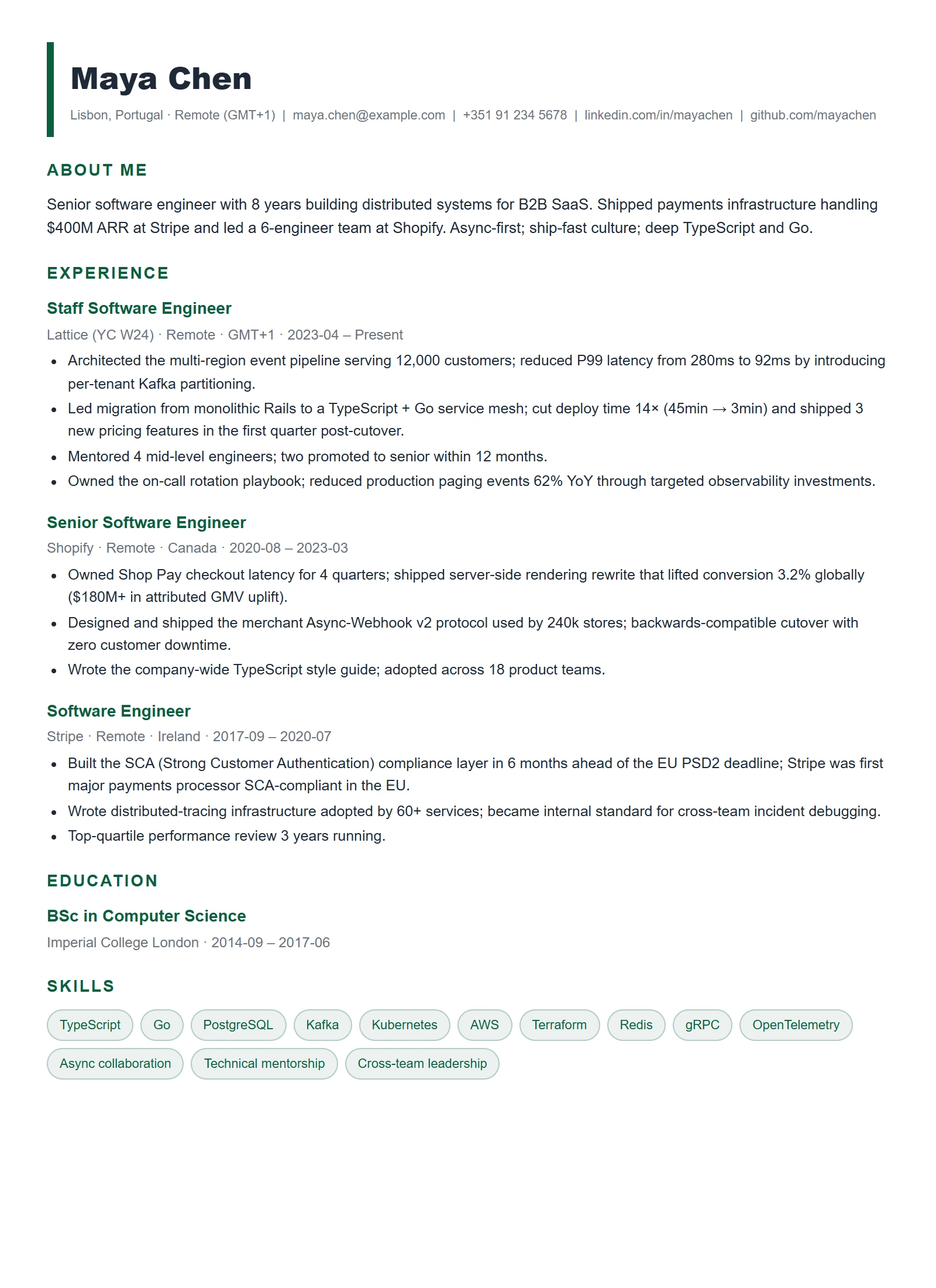 Creative resume template — Software Engineer (sample)