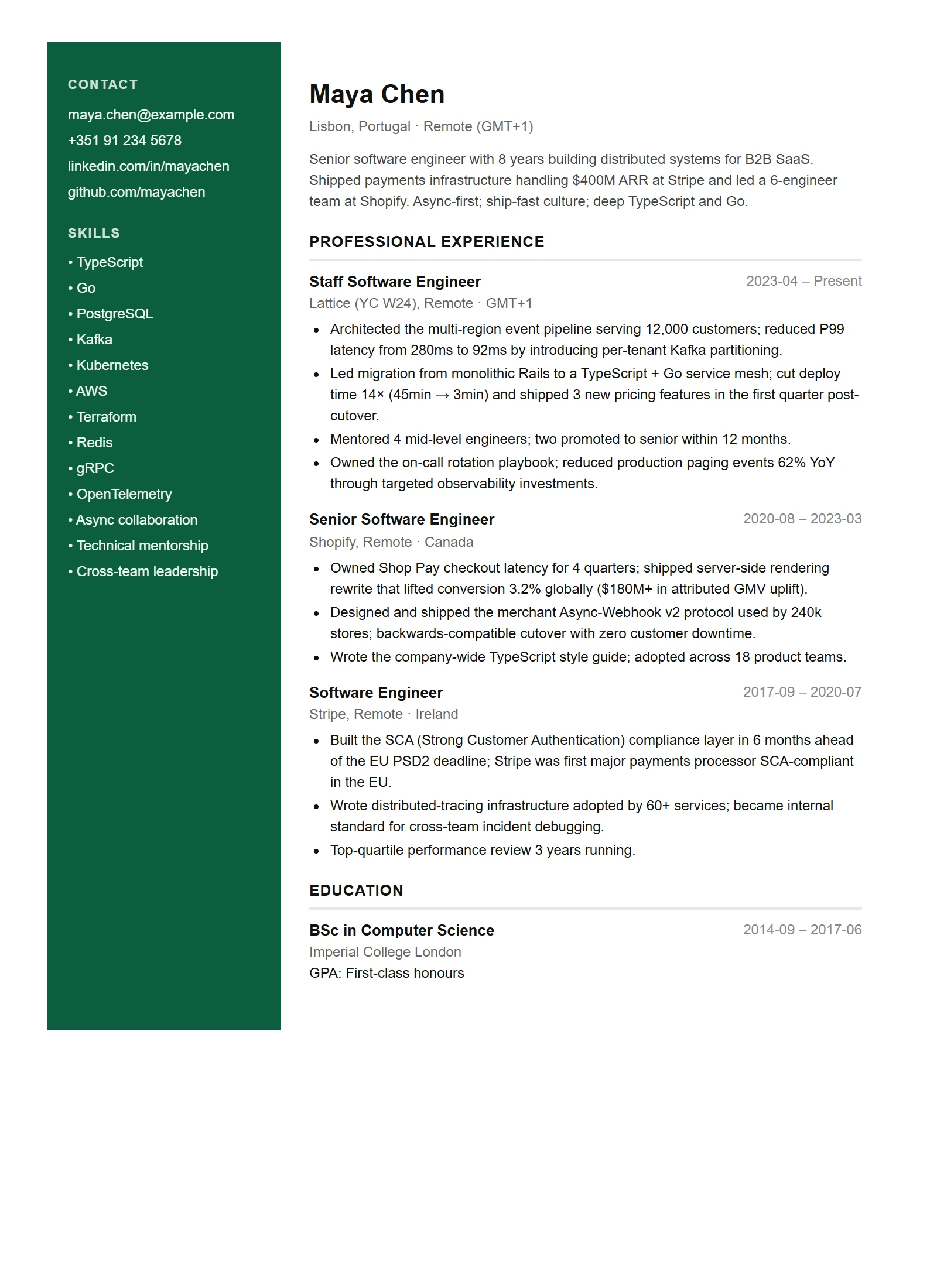 Modern resume template — Software Engineer (sample)