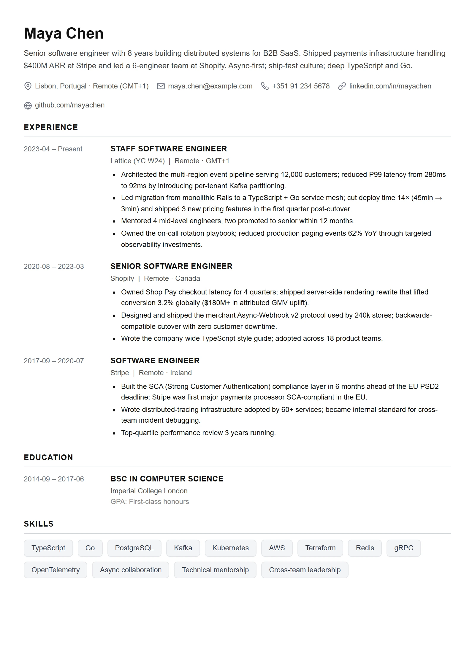 Simple resume template — Software Engineer (sample)